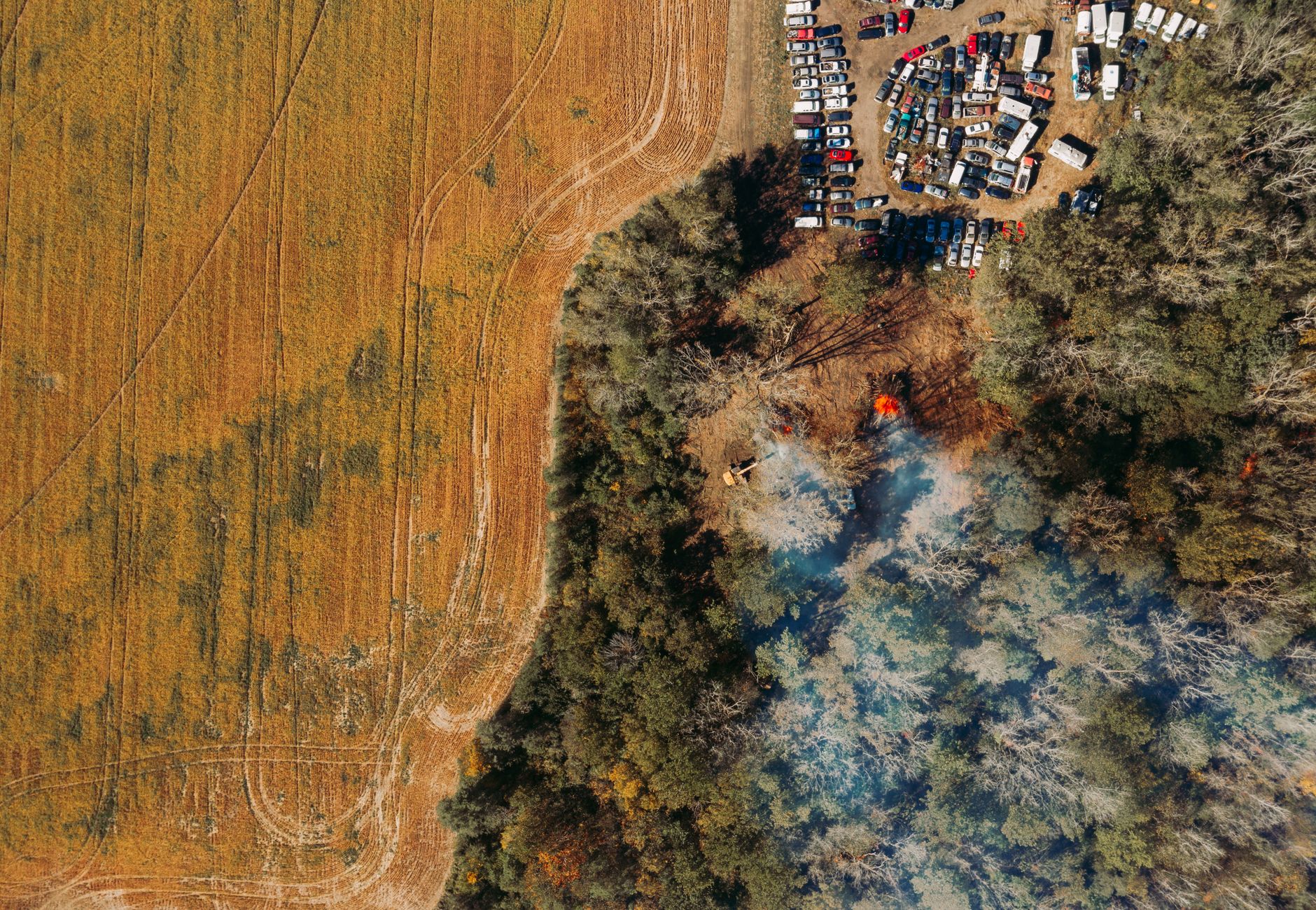 Aerial top view of car parking located near spacious agricultural fields and lush thick forest in daylight